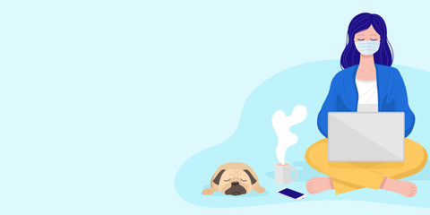 Work from home concept, A young woman wearing protective mask using laptop computer, Vector