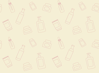 Home beauty routine essentials seamless vector pattern. Vector hand drawn illustration. Cream, face oil, toner, serum, eye gel. Skin care products for SPA, line art beauty salon concept.