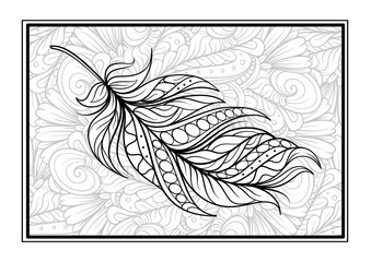 Ethnic style feather black and white antistress coloring card