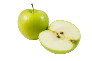 Green apple on white background. Isolated on white. Half of apple. Piece of fruit
