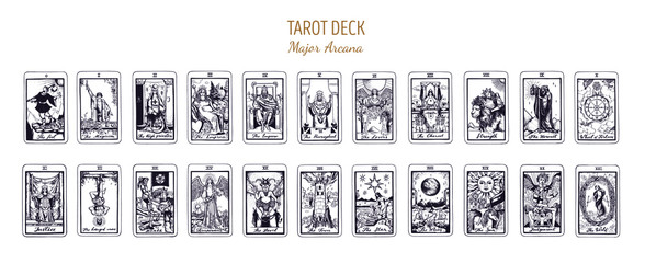 Big Tarot card deck.  Major arcana set part  . Vector hand drawn engraved style. Occult and alchemy symbolism. The fool, magician, high priestess, empress, emperor, lovers, hierophant, chariot - obrazy, fototapety, plakaty