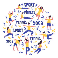 Girls in sports clothes doing sports vector flat illustration with hand drawn lettering.