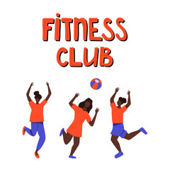 Girls in sport clothes playing volleyball vector flat illustration with hand drawn lettering.
