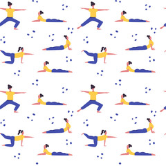 Girl doing yoga vector flat seamless pattern. Active recreation, healthy lifestyle, pilates, meditation background. Yoga studio card design.