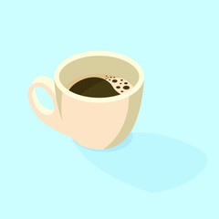 Beige cup with espresso and coffee foam on a blue background