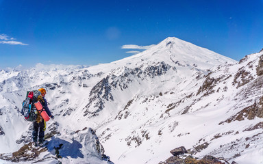 Fototapeta na wymiar skier on the top of mountain Elbrus mountain landscape