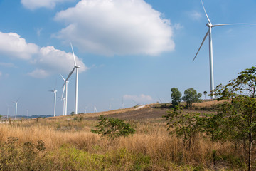 Wind turbines on Khao Kho District, Phetchabun, Thailand. Green ecological power energy generation. Wind farm eco field.