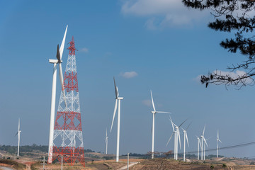 Wind turbines on Khao Kho District, Phetchabun, Thailand. Green ecological power energy generation. Wind farm eco field.