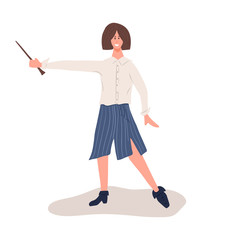 Smiling young woman standing with stick and pointing flat illustration. Young wizard with magic stick modern colorful vector concept.