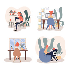 Set of freelance workers. Young women working at home vector flat illustration.