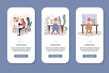 Young women working at home vector flat mobile app screens.