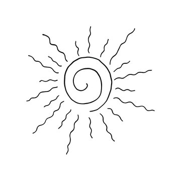 Vector illustration. Black and white line art. Popular symbol of summer and vacation is sun. Doodle style.