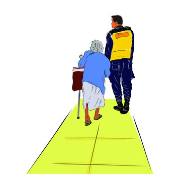 Colorful Simple Conceptual Vector Illustration, Security or Police Helping old Woman Walking into her destination
