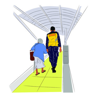 Colorful Simple Conceptual Vector Illustration, Security Or Police Helping Old Woman Walking Into Her Destination
