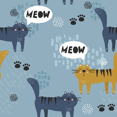 Happy cats, hand drawn backdrop. Colorful seamless pattern with animals. Decorative cute wallpaper, good for printing. Overlapping background vector. Design illustration - 344464069
