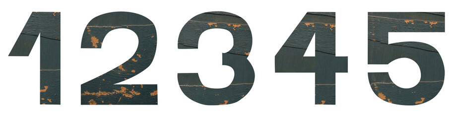 Isolated on white background Font set of numbers 12345 made of old peeling paint wooden board with...