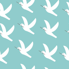 Flying white doves with a tree branch in its beak. Seamless wallpaper. Vector illustration.