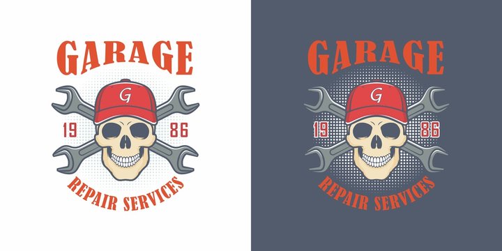 Set of color illustrations of a skull in a cap, crossed wrenches, and text on a colored background. Vector illustration of an advertisement for repair services in a garage. Auto repair shop logo.