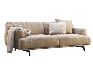 Modern beige fabric sofa with pillows and knitted blanket. 3d render.