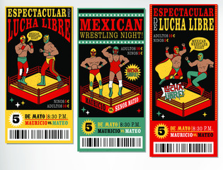 Set of vintage Lucha Libre tickets. Vectr illustration.
(Espectacular de Lucha Libre-Spectacular Fight; Adultos, Ninos- adults, children;Mayo-May)