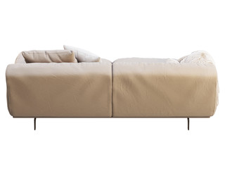 Modern beige fabric sofa with pillows and knitted blanket. 3d render.