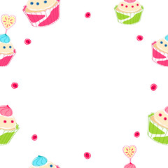 Decorative frame of cupcakes isolated on white background. Banner template with copy space. Happy holidays! Seamless pattern of cakes and baking. Festive texture.