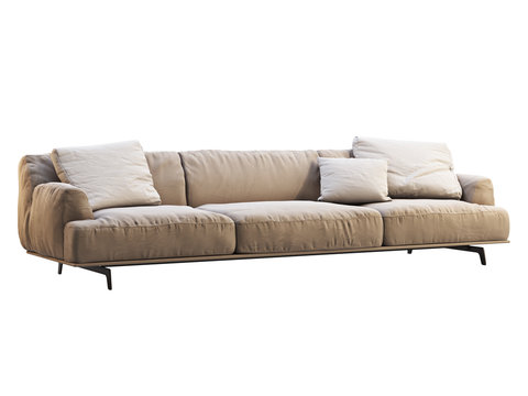Modern beige fabric sofa with pillow. 3d render.