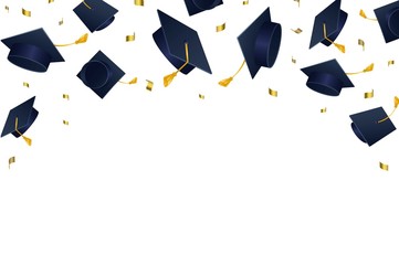 Graduation hats flying in air after celebration vector illustration. Caps thrown up cartoon design. Education and festive party concept. Copy space for text. Isolated on white background