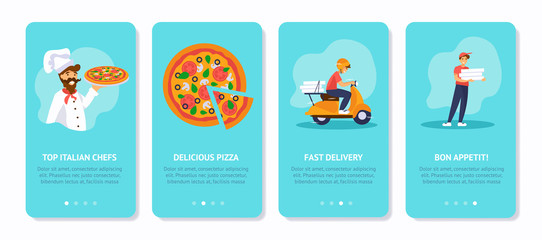 Pizza delivery service concept onboarding screens template. Cook, pizza, scooter, deliveryman.