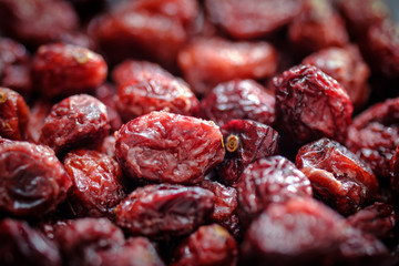 Dry organic cranberries, top view. Overhead. Close-up view.