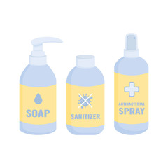 A bottles of antibacterial agent. Hand sanitizer. Soap. Antibacterial spray. Prevention of SARS and coronavirus. Vector illustration isolated on a white background.