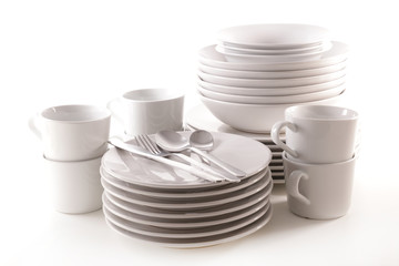 set of plate, bowl, glass isolated on white background