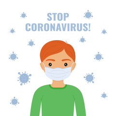 People in medical masks. Man and  virus. Inscription "Stop coronavirus". Isolated on white background. Vector illustration. Great for posters, banners, infographics.