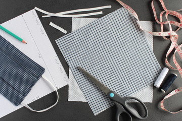 Materials, pattern and schema for making cotton face mask at home. Sewing protection mask for COVID 19.