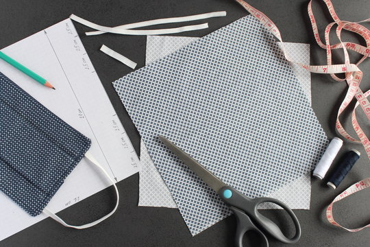 Materials, pattern and schema for making cotton face mask at home. Sewing protection mask for COVID 19.