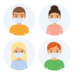 Set of people in medical masks. Сharacter icons. Isolated on white background. Vector illustration. Great for posters, banners, infographics.