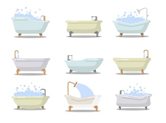Set of various luxury bath tubes with water vector illustration. Shower foam and stylish design flat style. Hygiene and bathroom concept. Isolated on white background