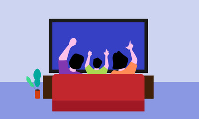 Family stay home watching television together vector concept. Father, mother and son cartoon charactor at living room.