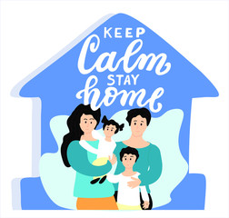 Stay home family concept. Mom and dad with their children: daughter and son. Family with two children. Cute flat characters peole. Family sitting home. Quarantine or self-isolation. Health care