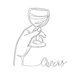 Hand holds a glass with wine on a white background. One line fashion trend