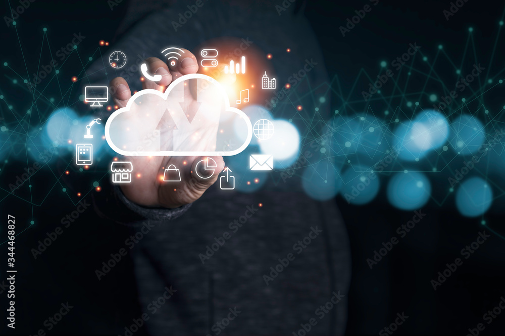 Poster hand holding virtual artificial intelligence with cloud technology transformation and internet of th
