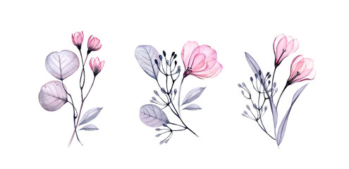 Watercolor floral set. Transparent flowers and leaves. Collection of three bouquets isolated on white. Botanical illustration for wedding design, greeting cards