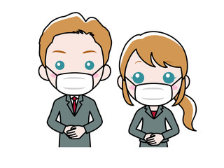 マスクを付けたスーツ姿の男女 