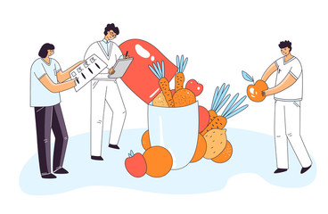 Vector flat illustration of man, woman characters checking up medical drug, pill, capsule for human health, adding in a pill vital natural elements from vegetables and fruits. Pharmacology concept