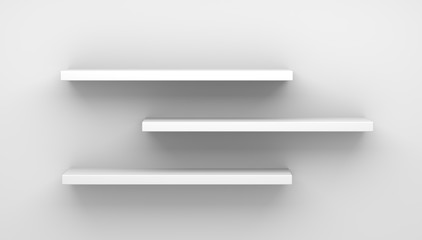 Furniture 3D illustration.
Front view of empty shelf on white table and wall background with modern minimal concept. 