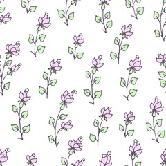 Vector seamless pattern: hand drawn pretty pink roses with mint color leaves on white. Tender design for textile, wrapping paper, wallpaper.