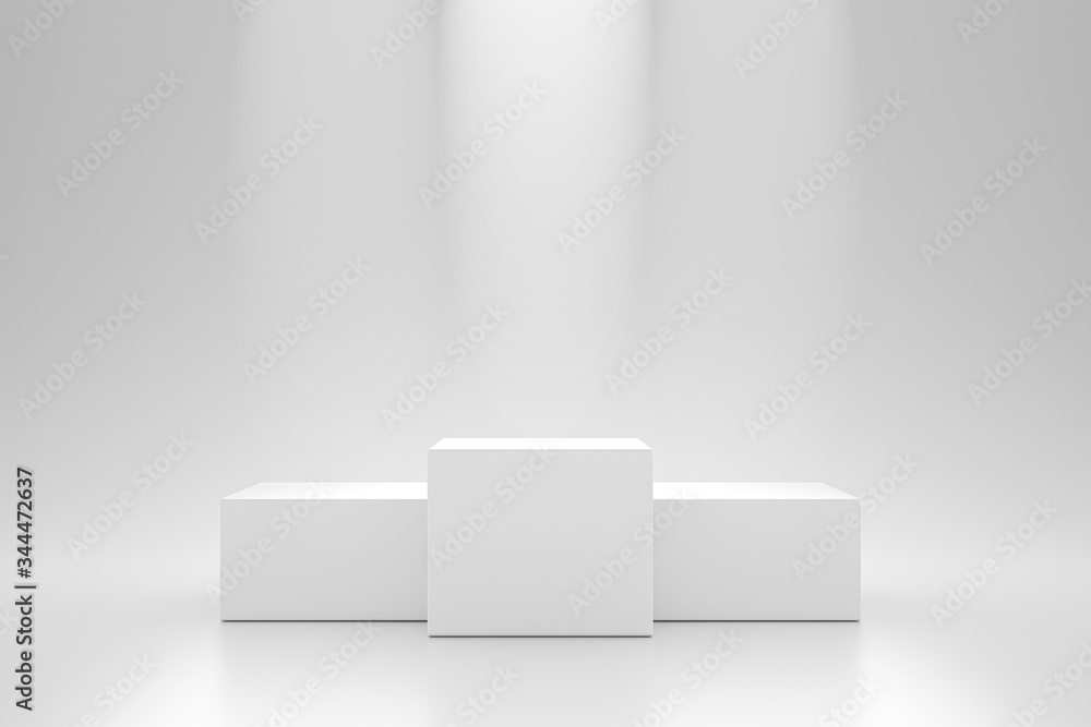 Poster winner podium and blank stand on pedestal background with spotlight product shelf. blank studio podi