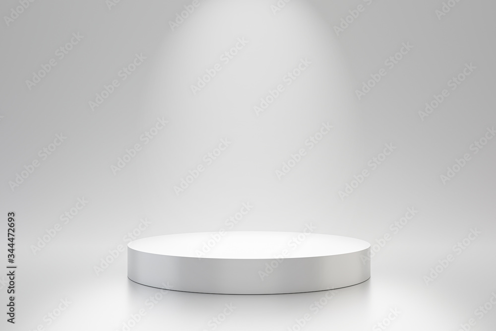 Poster White studio template and round shape pedestal on simple background with spotlight product shelf. Blank studio podium for advertising. 3D rendering.