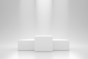 Winner podium and blank stand on pedestal background with spotlight product shelf. Blank studio...