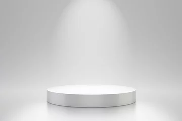 Tuinposter White studio template and round shape pedestal on simple background with spotlight product shelf. Blank studio podium for advertising. 3D rendering. © Lemonsoup14